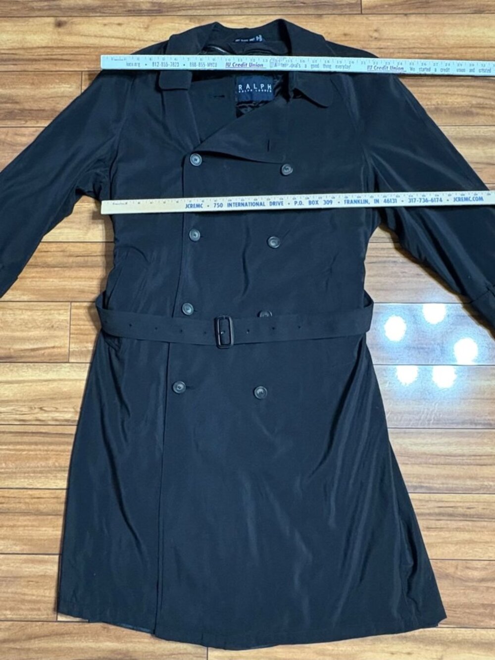 Vtg Ralph Lauren Black Double-Breasted Trench Coat  Belt Lined Men's 44R L/XL - Picture 6 of 12
